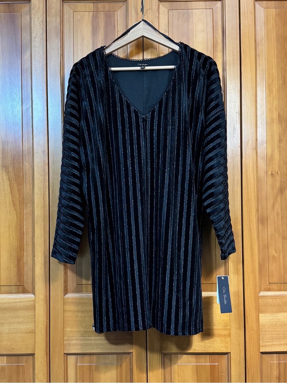 City Studio Black Striped Velvet Burnout Shift Mini Dress NWT Small